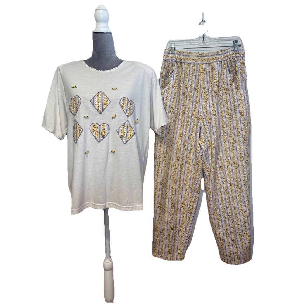 VTG Karen Scott Women's Country Cottage Core 3 Piece Pant Set Size LG 10 T-Shirt